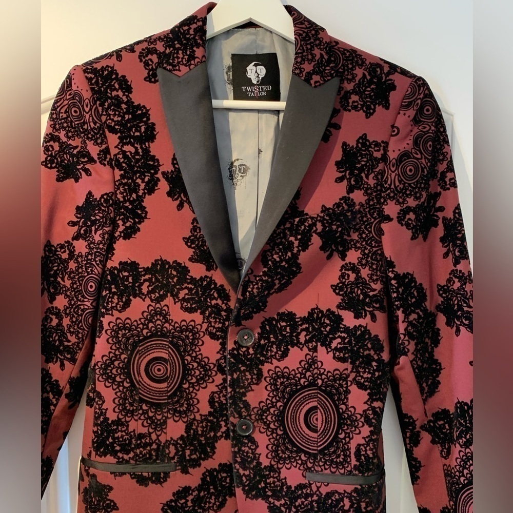 Twisted Tailor Blazer Men Sz 34R Black Burgundy Textured Velvet Dandy Old Money - Picture 2 of 16